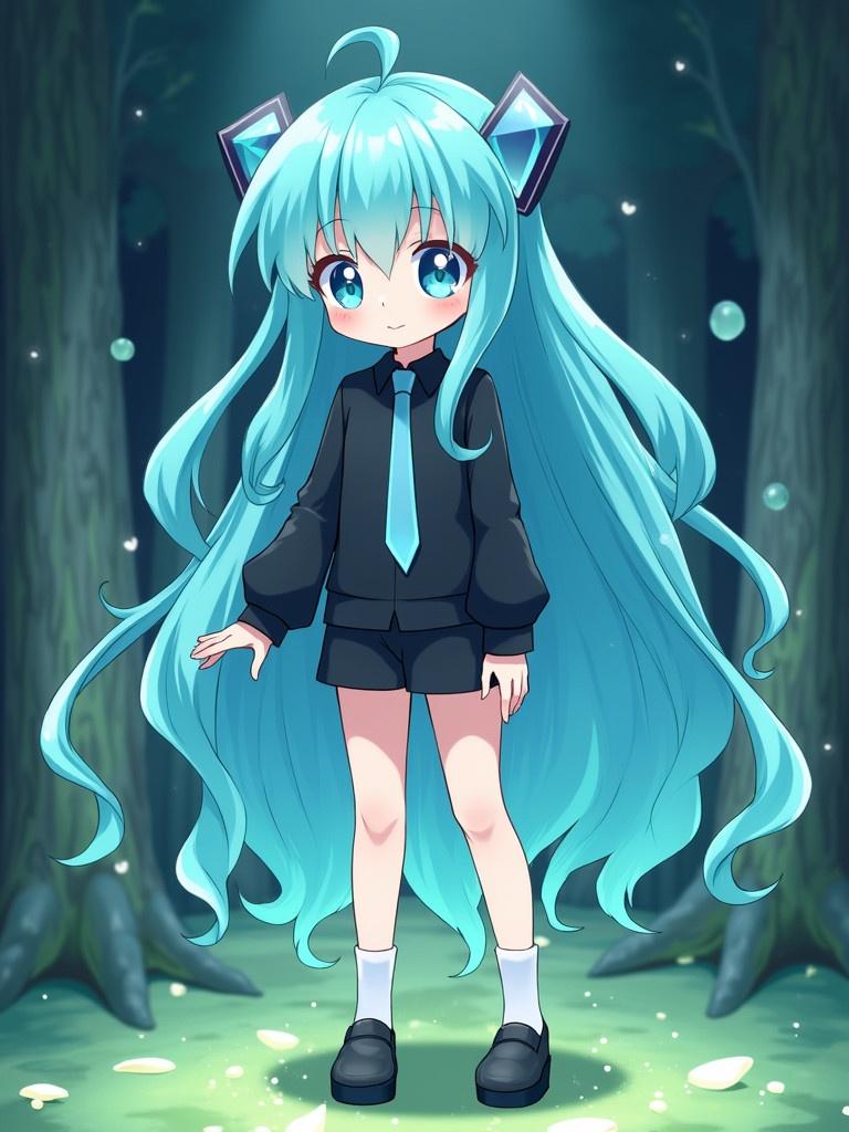 Character with aquamarine hair and black clothing stands in a forest environment. Long flowing hair with crystal-like features and black attire. Light and magical atmosphere is present.