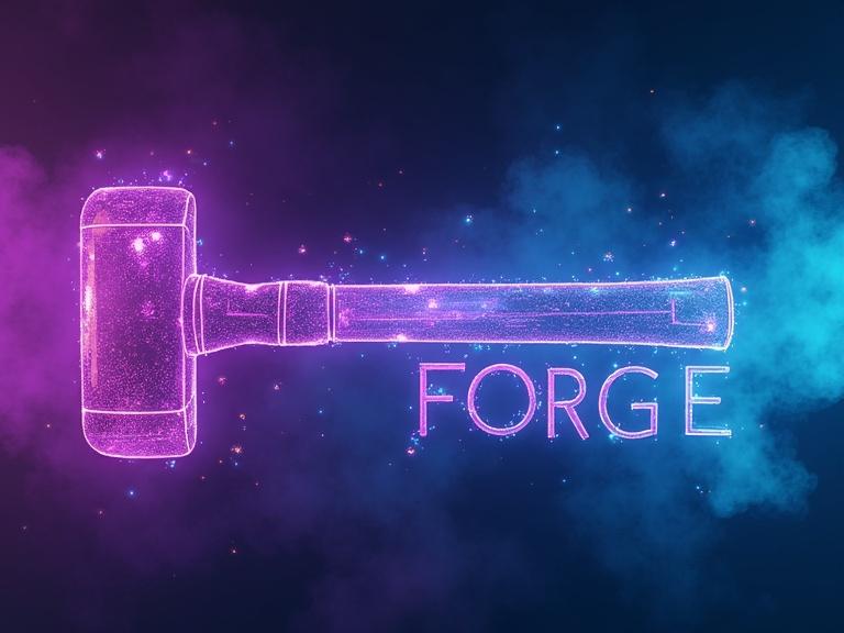 Ultra-modern YouTube banner featuring digital smoke background. Central element is stylized geometric hammer with neon effects. Animated text with melting pixel effect. Bright colors in Lab gradients. Futuristic tech design with 80s synthwave accents.