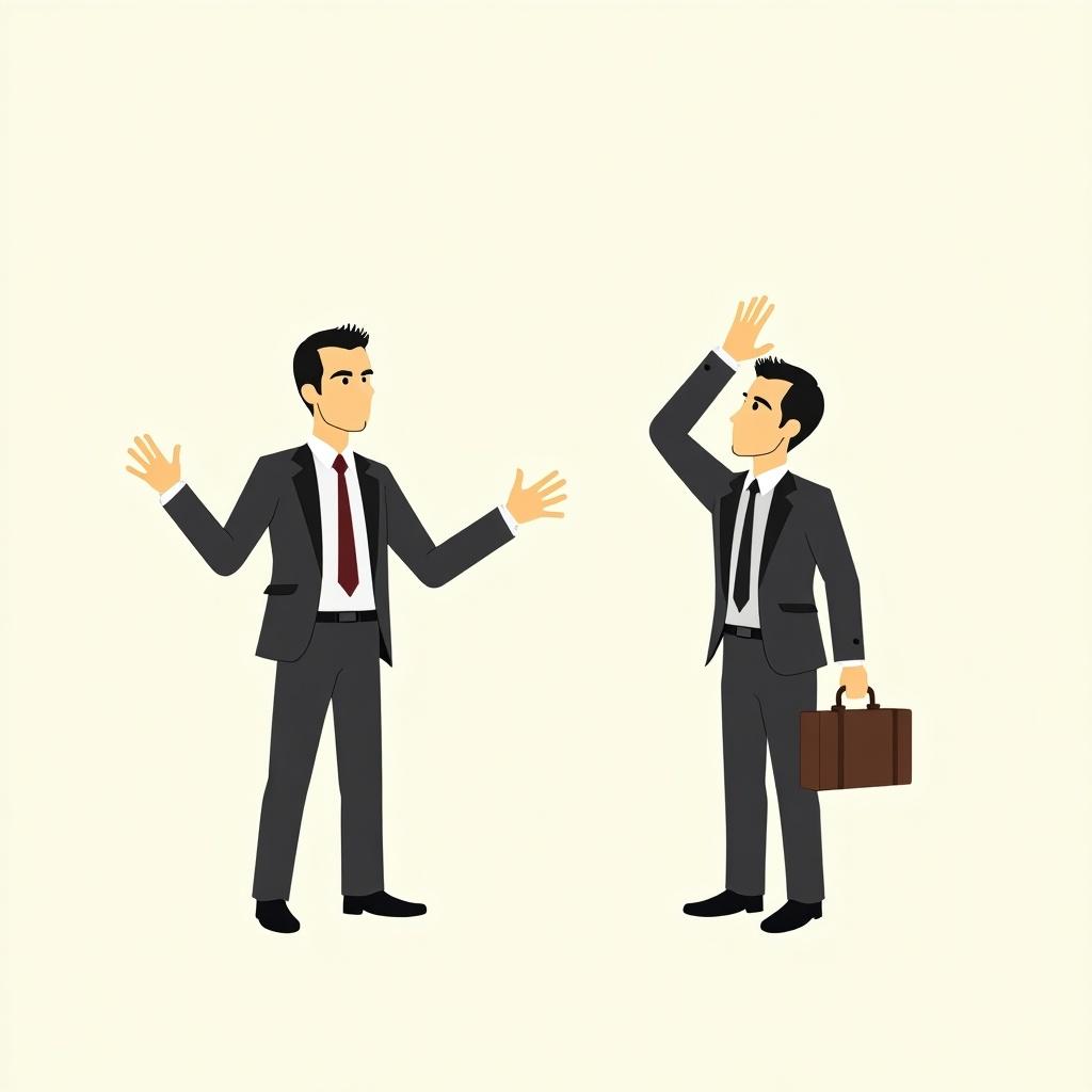 Scene from a business setting. Two male figures in suits depicting a conversation. One figure gesturing medium level, the other raising hand above head. Illustrates concepts of communication and career progression.