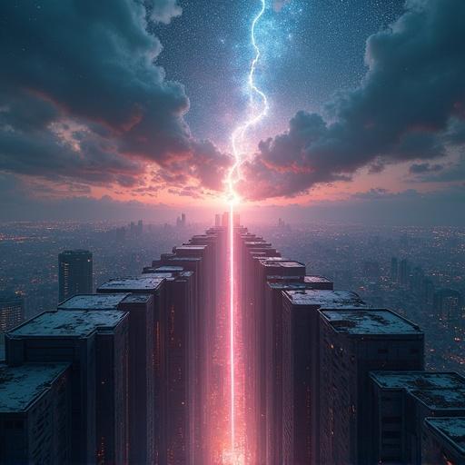 A massive crack splits the sky above a futuristic city. Night galaxy visible through the fracture. Glowing light seeps through the gap, creating a surreal and dramatic atmosphere. High detail and vibrant colors enhance the cyberpunk influence, with mysterious energy leaking from the sky in an epic scale.