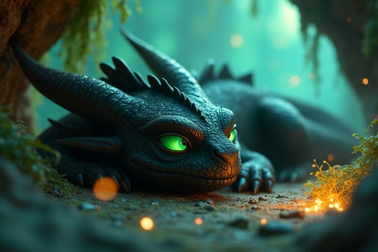 Close-up of a sleek black dragon with bioluminescent green eyes resting in a glowing cave. Bioluminescent crystals reflect on scales. Scene has hanging vines and fog. Soft lighting in teal and warm gold adds a mystical vibe. Realistic textures in ultra HD 4K.