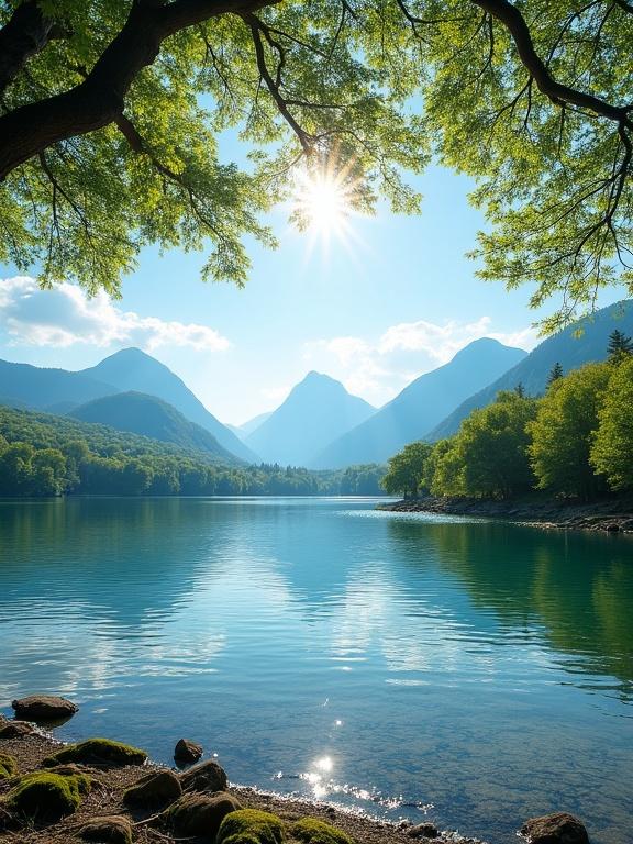 This image showcases a serene lakeside view framed by tree branches. The clear turquoise water reflects the sky and trees. Mountains rise in the background under a blue sky with fluffy clouds. Sunlight filters through the foliage creating a peaceful atmosphere.