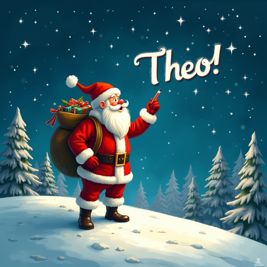 Santa Claus stands on a snowy hill under a starry night sky. He is holding a pencil and looking up as he writes names of children in the sky. Dressed in traditional red and white suit, he has a large sack of gifts on his back. Bright night with twinkling stars surrounds him. The phrase 'Theo!' is displayed in a whimsical font.