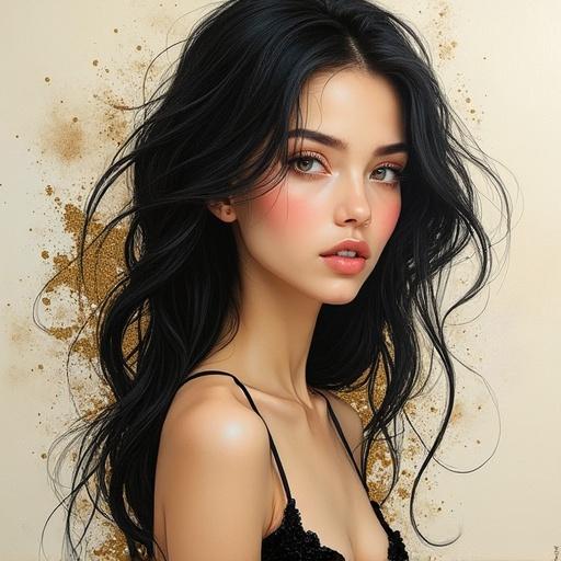 Modern abstract portrait of a young woman. She has flowing dark hair and delicate features. Expression is serene. Background is cream with black and gold splashes. Painting has a three-dimensional sculptural quality.