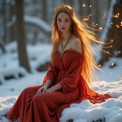 Mature female fire spirit sits on snow-covered rock in mystical forest. Relaxed posture facing slightly to side. Wearing platinum and deep crimson silk robe, one shoulder exposed. Long golden and amber hair flows in wave. Delicate golden tiara shaped like hearth. Jewelry with lantern motifs. Shimmering aura of soft flames wraps around body. Calm expression harmonizes with snowy environment. Fantasy art style, full body view.