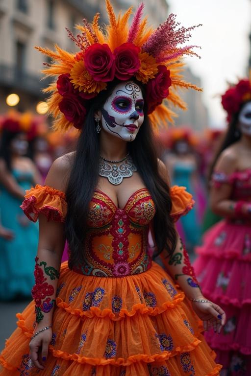 Dia de los Muertos Parade in Mexico City. Celebration featuring colorful dresses and floral headdresses. Traditional Mexican culture showcased during the event. High-resolution photo capturing the essence of the festival.
