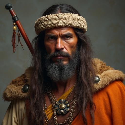 Male warrior with long hair and beard wears traditional clothing. Details include a headband and decorative necklaces. The expression is strong and determined. Earth tone colors dominate the image.