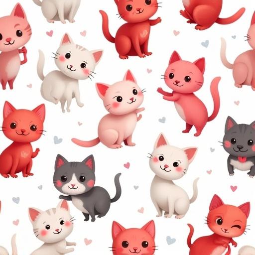 Vector repeatable pattern of hand-drawn cute kittens in various poses. Kittens are styled like Pixar characters. Colors include white, pink, red, black. Design has a transparent background.