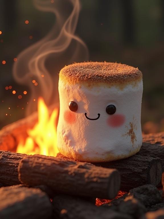 Highly detailed photorealistic rendering of an anthropomorphic marshmallow by a campfire. Marshmallow has a warm expression with slight sheepishness. One side slightly burned and melted from heat. Smoke gently rising from the singed patch. Scene illuminated by campfire glow with realistic shadows and textures. Cozy and humorous mood.