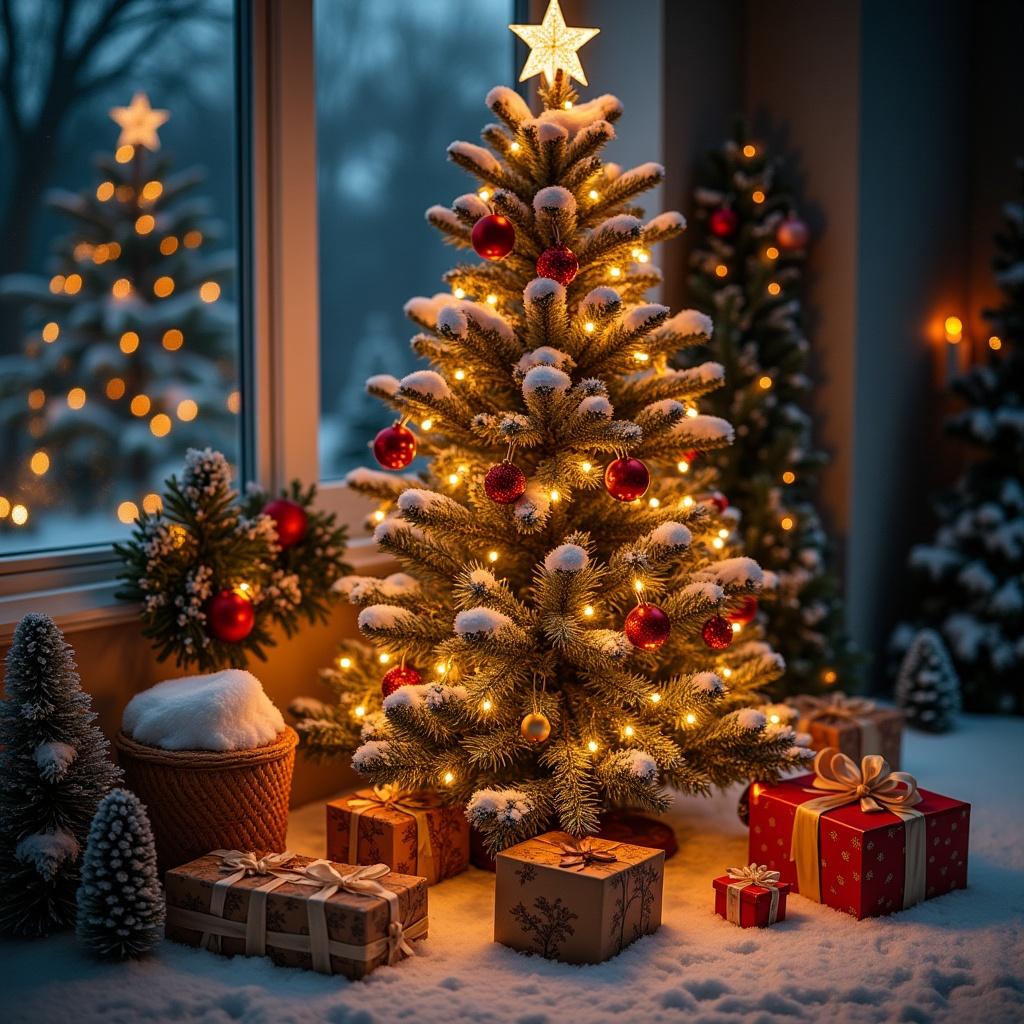 A beautiful Christmas tree decorated with ornaments and lights. Surrounding gift boxes placed under the tree. Soft snow covers the ground and nearby decorations. A cozy, warm atmosphere in a well-lit room.