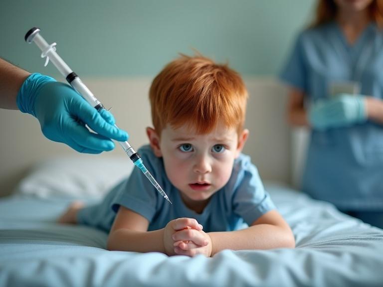 A red-haired boy lies on his stomach on a bed waiting worriedly for a nurse to give him an injection. The nurse is holding a large syringe. The setting indicates a medical environment. The boy appears anxious about the procedure.