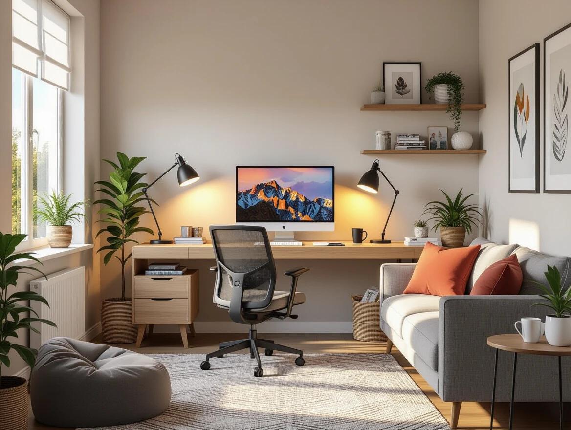 Room interior with plants and warm lighting. Single large window allowing in daylight. Cozy work-from-home setup with wooden desk and widescreen monitor. Ergonomic chair at the desk. Clean workspace with cable management. Sofa with colorful pillows and nearby bean bag. Patterned rug under desk. Wall shelves with decor items. Vintage-style floor lamp near sofa. Acoustic panels for sound. Atmosphere is cozy and functional. Ultra-detailed lighting and surfaces.
