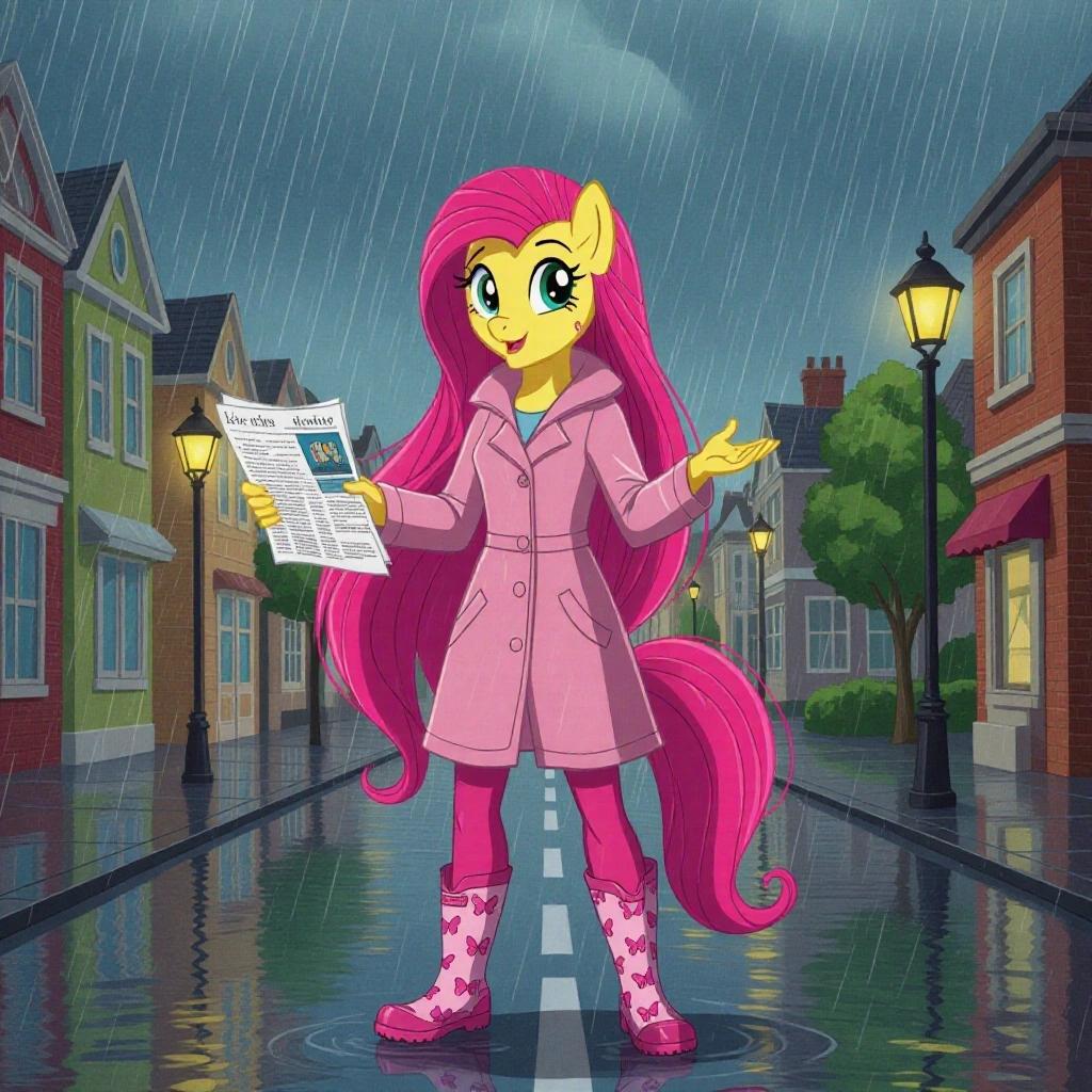Fluttershy stands on a flooded street during a torrential rainfall. She presents a weather report while wearing a long pink raincoat and pink waterproof pants. Butterfly pattern Hunter wellies complete her outfit. Long pink hair flows as she smiles in the rain.