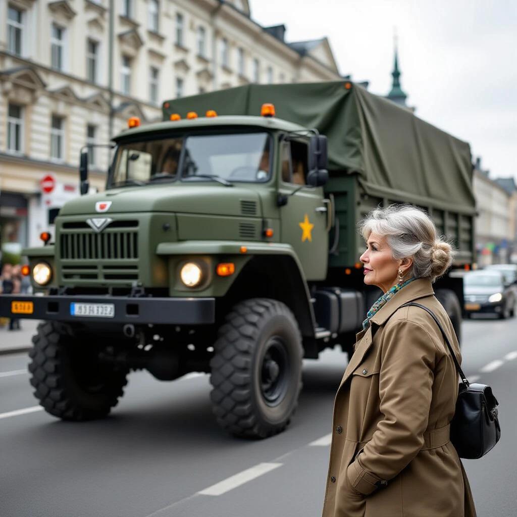 A mature woman stands on the street watching a large Soviet military truck pass by. The truck is olive green and has a 6x6 wheel configuration. The scene captures the dynamic of urban life with military presence. The background showcases an urban environment.
