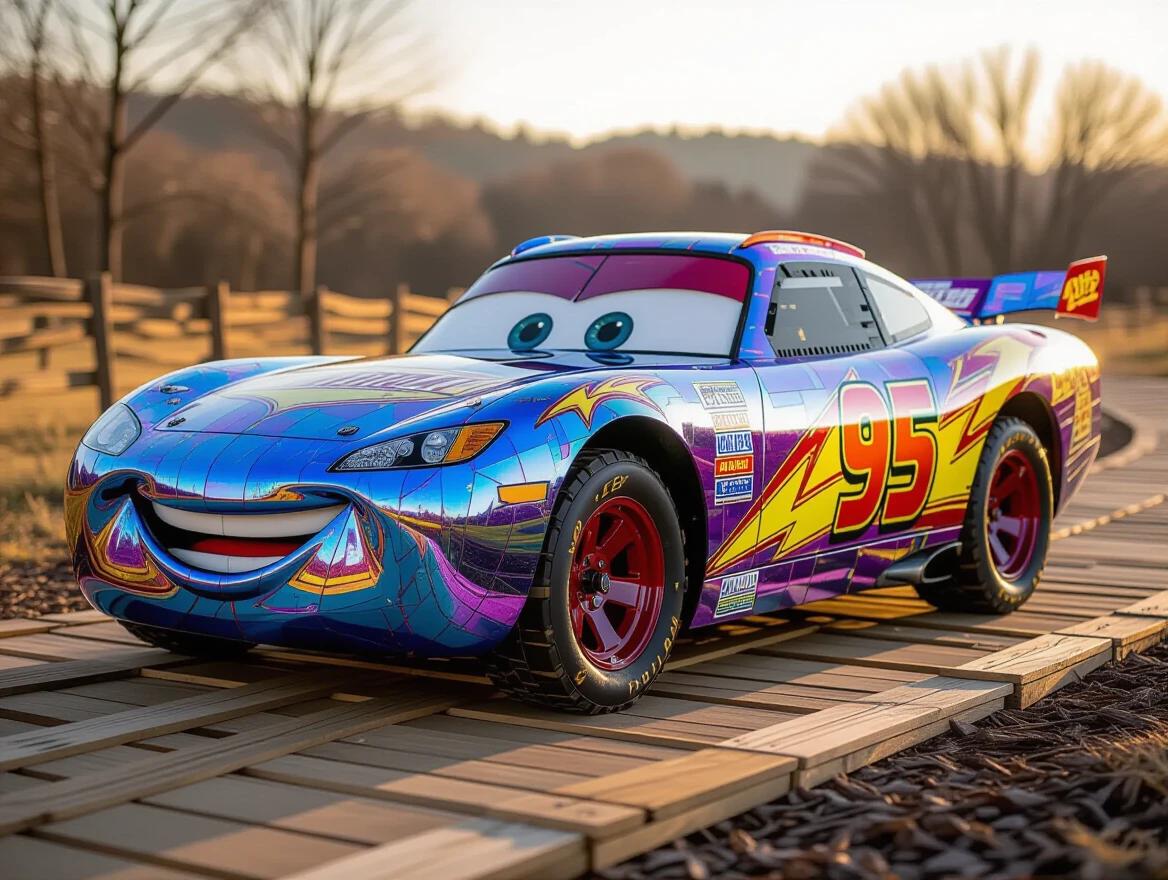 A wooden racecar inspired by Lightning McQueen. The car built with sticks and twigs includes an expressive face with a smiling grill and headlights. Tires made from matches resembling racing wheels. Painted wood accents reflect racing decals. The car is positioned on a rustic track of wood and bark chips at golden hour. It captures natural sculpture realism with high detail in a folk-art style.