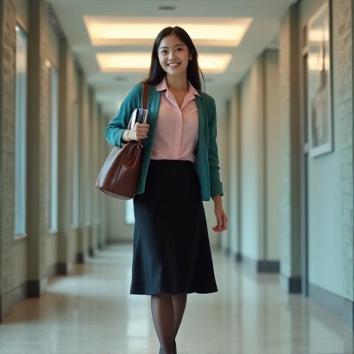Full body image of young East Asian female agent. She wears a blush-pink blouse and black knee-length skirt. A teal cardigan is worn with dark-brown pantyhose and black ankle-strap closed-toe pumps. The agent walks in a corridor in her agency carrying files and slinging a brown satchel diagonally over her figure. She has light makeup and a cute smile of determination on her red lips. The scene shows an agency building with soft lighting.