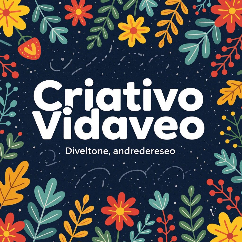 Floral border surrounds text 'Criativo Vidaveo'. Colorful leaves and flowers. Bright background with dark colors.