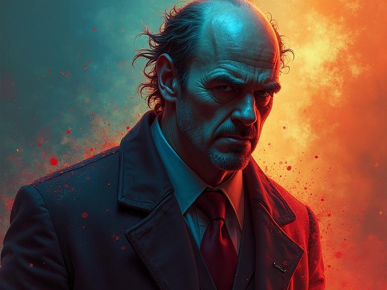 Portrait of Billington the hangman. Hyperrealistic style. Concept art showcasing mid shot. Intricate details with color depth. Background features dramatic colors with splash art effects.