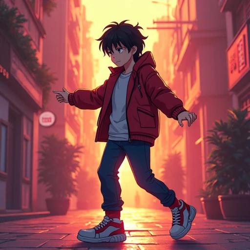 Anime boy dancing with expression. Setting is a lively street. Emphasis on motion and style. Urban environment with buildings and plants.