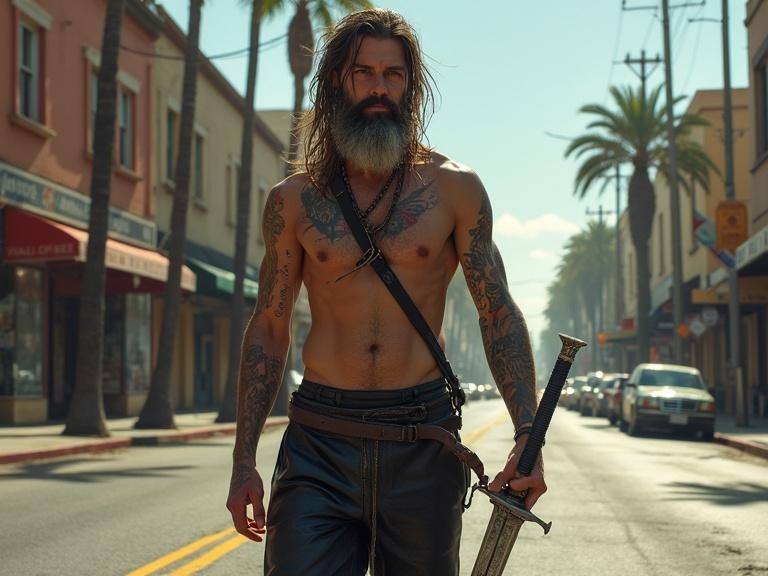 A young male with a beard and long hair carrying a sword in a downtown city setting. He has tattoos and wears black leather pants. The scene is sunny with palm trees and stores around. The road has a rash and features power lines and shadows.