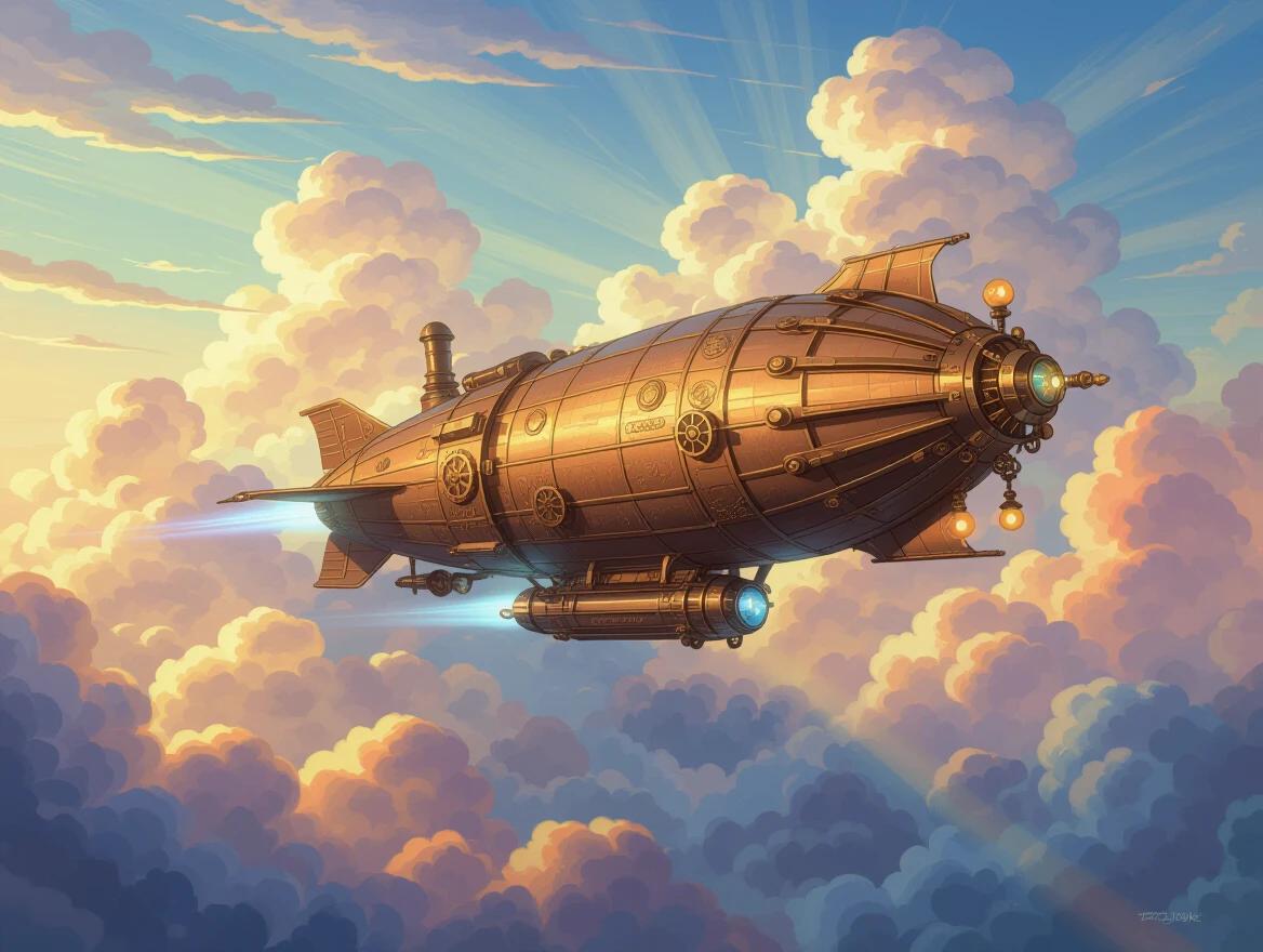 Majestic steampunk airship flies through vibrant cloud-filled sky. Airship features detailed gears pipes and glowing orbs. Clouds painted in kaleidoscope colors with sunlight rays shining. Scene evokes Jules Verne's novels.