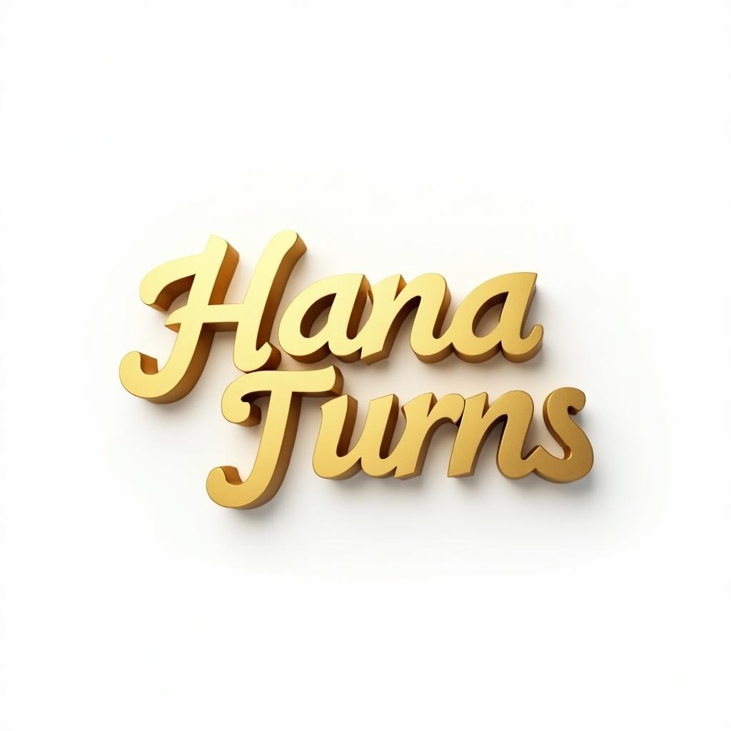 Gold 3D text spelling 'Hana Turns' on a white background. Birthday theme.