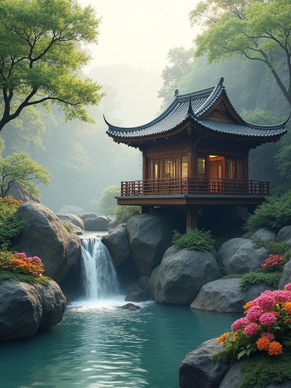 A serene landscape features a traditional-style pavilion near a small waterfall. The pavilion has a multi-tiered roof and intricate woodwork. The waterfall cascades over smooth rocks into a clear pool. Lush greenery surrounds the scene with vibrant flowers. Misty atmosphere suggests early morning light.