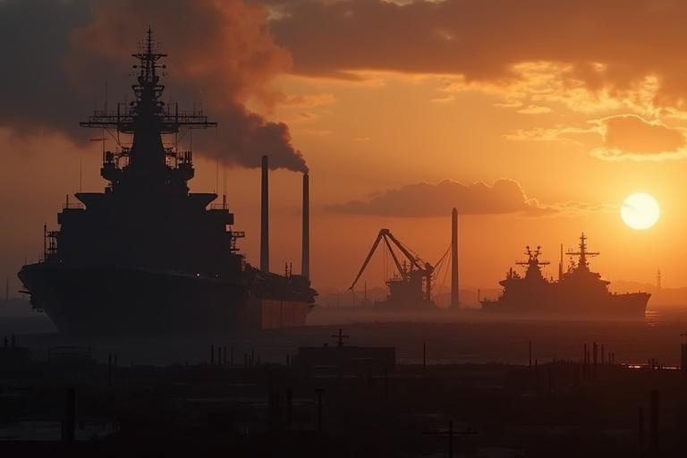 Cinematic scene depicting a dark silhouette of a huge factory with smokestacks and tower cranes. The background features silhouettes of starships with antennas. A vibrant sunset casts dramatic light with clouds.