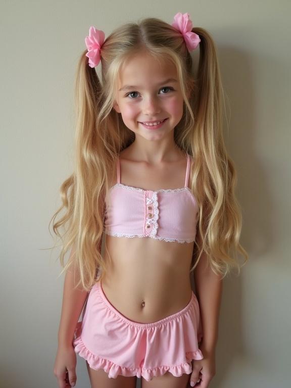 A young girl dressed in a pale pink crop top and micro-skirt. She has long blonde hair styled in twin tails with pink bows. She stands confidently with a playful pose. Simple black shoes complement her outfit. Soft natural light enhances her look. The image has a low-resolution aesthetic that gives it an unpolished feel. Bright colors characterize the image with a slight vintage filter.