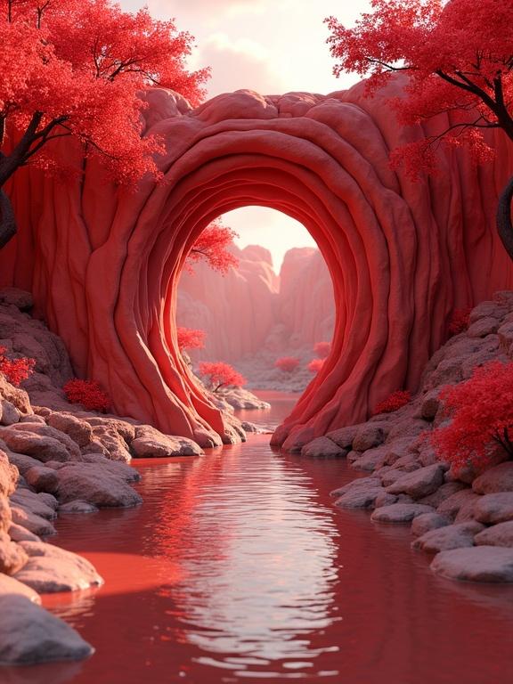 3D artwork depicting a vibrant red river bordered by clay-like formations with an archway. Surrounding are red trees. Scene is rich in color and detail with a dreamy ambiance.