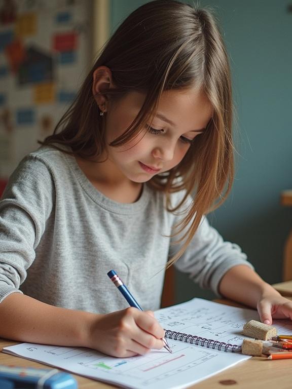 A young girl doing math homework while sitting at a wooden table. She is holding a pencil and looking focused as she writes in a notebook. Her long hair falls over her shoulder, and she's dressed in a casual gray top. The background features blurred items suggesting a home environment.