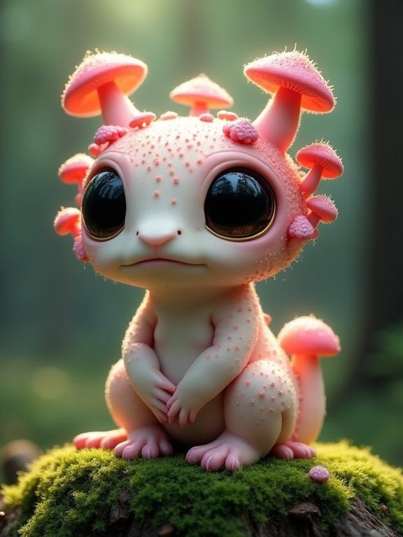 Enchanting image of an anthropomorphic creature combining elements of fungi and alien cuteness. Creature has a rounded head, large glossy eyes, and a textured body with mushroom caps. Surrounded by a deep green forest background. Soft pastel colors and a whimsical style contribute to a dreamlike quality.
