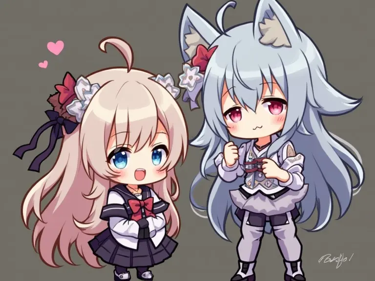 Chibi characters girl with blonde hair and one with gray hair. Cute design with big eyes and pastel colors. One character has animal ears. Each character wears different outfits.