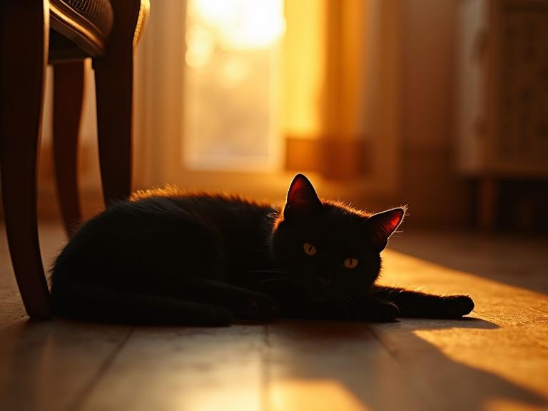 A black cat sleeps under a chair. Golden hour light illuminates the scene creating a warm atmosphere.