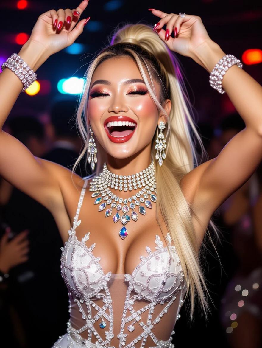 A hot Asian model wears edgy wedding lingerie. She has a high blonde ponytail. Heavy crystal jewelry adorns her. Bright makeup highlights her features. She appears tipsy and is laughing. The scene is set in a vibrant nightclub. Her hands are high in the air as she dances.
