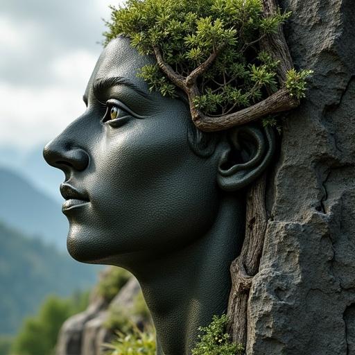 Profile of a face. One half sculpted from dark cracked rock. The other half is a living tree with trunk and branches forming the features, with autumn foliage. Cloudy sky.