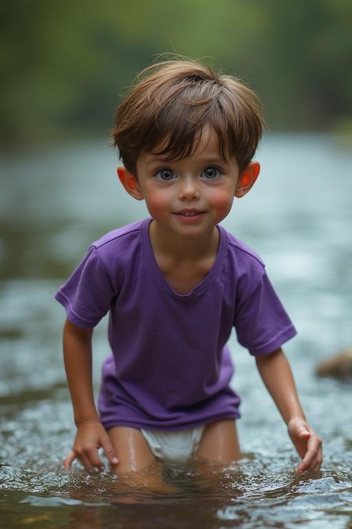 Teenage boy with brown hair and heterochromic eyes swims in a river wearing a purple t-shirt and white diaper.