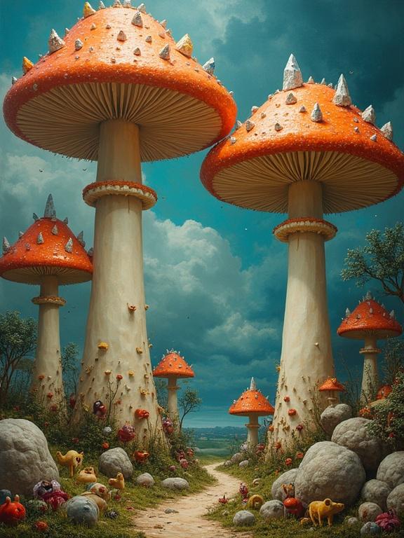 A surreal landscape shows giant mushrooms towering over tiny creatures. Mushrooms have intricate patterns and textures with caps filled with glittering crystals. Creatures mix familiar and fantastical elements, creating an otherworldly atmosphere. Style is hyperrealistic oil painting with dramatic lighting and vibrant colors.