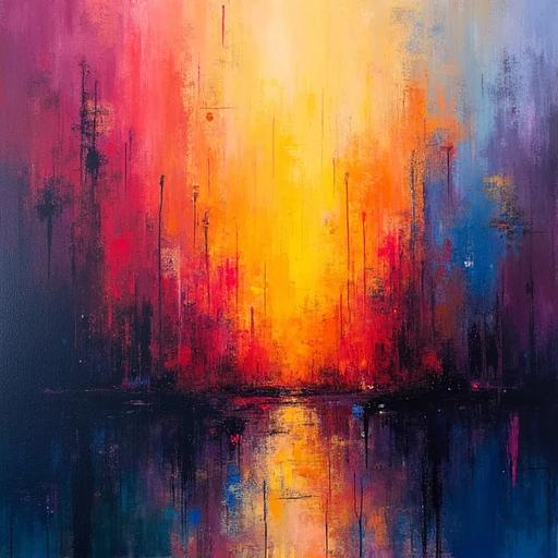 An abstract expressionist-style painting. Focus on color smears and splashes. Blending red and yellow indicates enthusiasm. Superposed blue and purple signify melancholy. Unrestrained brushstrokes exhibit power. Colors dominate the canvas, creating a strong atmosphere.