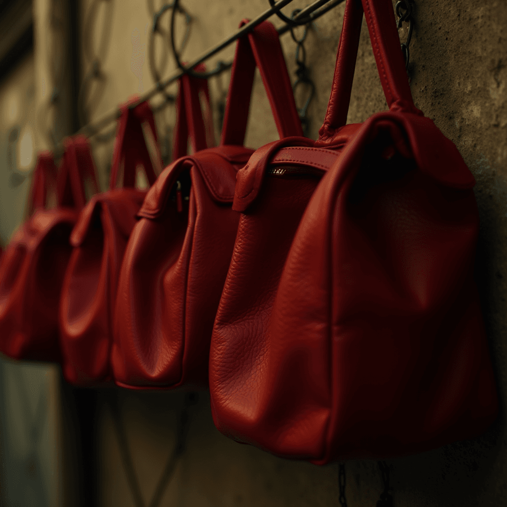 Red luxury handbags hanging on a rustic metal chain against a textured wall in soft evening light.