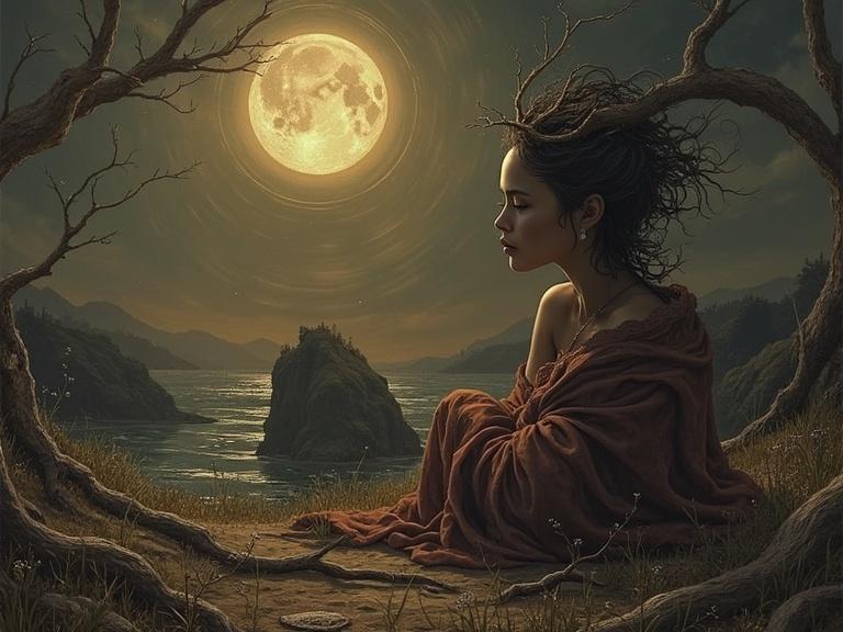 A woman sits peacefully under a tree by the water. A large, glowing moon illuminates the scene. The atmosphere is mystical and serene. The woman has wild hair and a soft blanket draped around her. The surrounding landscape features hills and water.