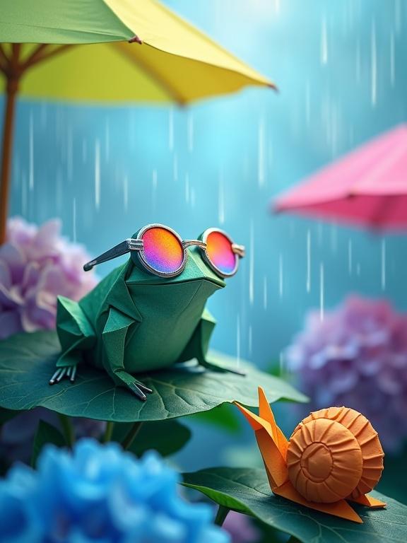 Origami frog with rainbow sunglasses on hydrangea leaves. Colorful paper umbrellas. Rainy background. Origami snail with same sunglasses. Magical and vibrant atmosphere.
