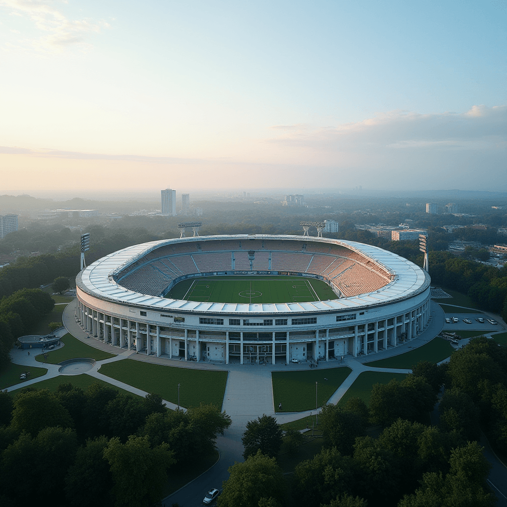 A large, oval stadium surrounded by greenery, seen during a hazy sunset.