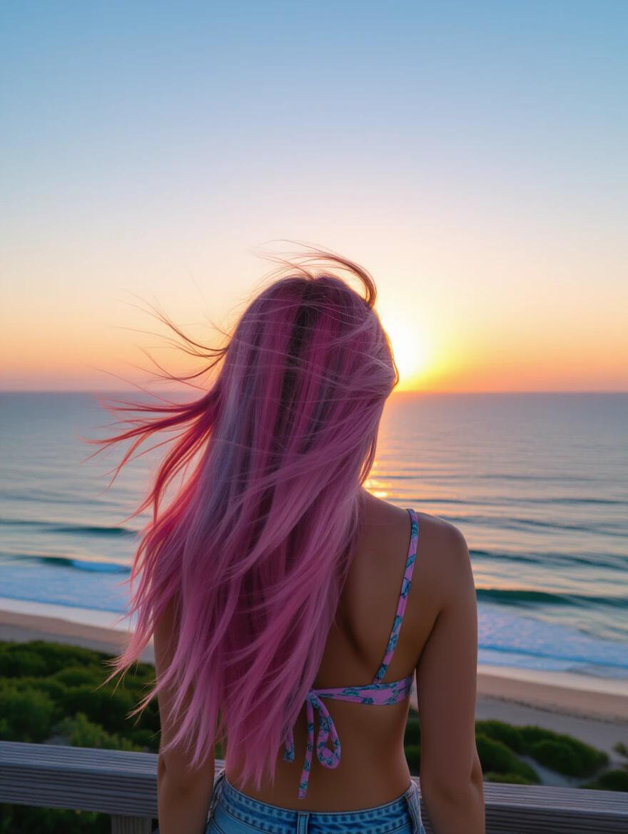Raw photo captures a rear view of a woman with long luxurious hair. Pink ombre hair with blue dyed ends. Hair blowing in the wind. Watching the sunrise over the ocean. Wearing a bikini. Soft colors and natural lighting highlight the scene.