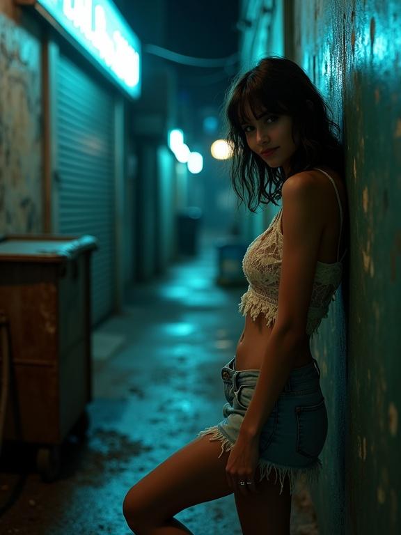 Narrow dimly lit alley in a forgotten city corner. Young woman leans against a rusted dumpster. She wears torn lace blouse and frayed skirt. Neon sign casts blue glow. Wet pavement reflects light. Soft sounds of distant traffic and market. Her gaze is inviting yet elusive. Moment captures intimacy and promise of the unknown.