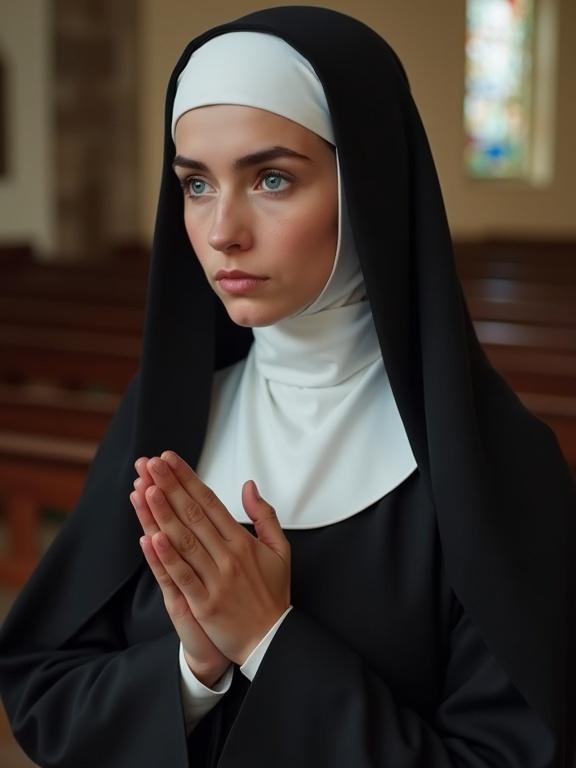 Beautiful nun with blue eyes is praying in church