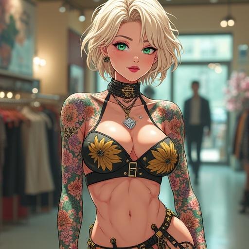 Anime character in a luxurious punk rock clothing boutique. Strong presence with tattoos. Elegant style. Wearing edgy streetwear with colorful details. Features cybernetic elements. Attractively posed. Summer vibe with cultural influences.