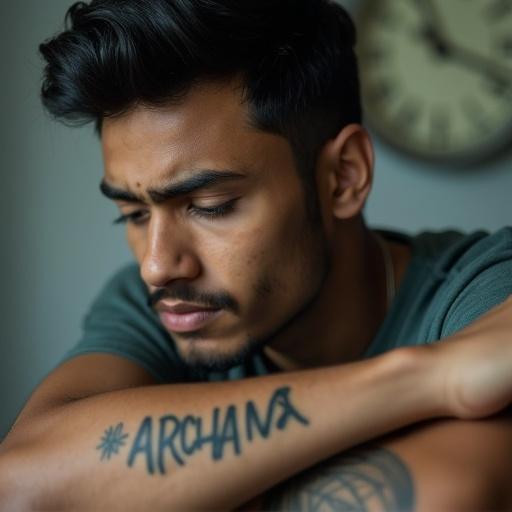 Close-up view of a young adult Indian man looking nervously at his tattoo on the right forearm. The tattoo has the stylized text 'ARCHANA' near the wrist. A clock is visible on the wall behind him, emphasizing the mood.