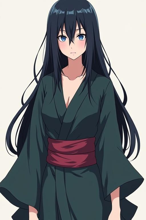 Full body illustration of an original Naruto character. The character is a girl with long black hair reaching below her hips. She has one ice blue eye and one gray eye. Her skin is pale, and she wears a short black kimono exposing her shoulders and collarbone, with a white mesh blouse underneath and black mesh stockings.