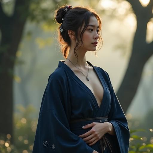 Portrait of a female scout. She wears a deep indigo kimono-inspired outfit. Outfit features short sleeves and modest slits for movement. Fabric hugs slender waist with drape around the chest. Delicate silver necklace adorns her neck. Medium-length chestnut brown hair is softly waved. She carries a yumi bow and trap pouch. Background includes a misty forest at dawn with soft sunlight filtering through.